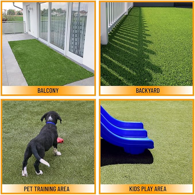 Ottomanson 6'6" x 40' Artificial Faux Grass Rug - Realistic Turf with UV Protection - Perforated for Easy Drainage - Durable, Hose-Off Synthetic Lawn Carpet for Indoor & Outdoor Use, Green