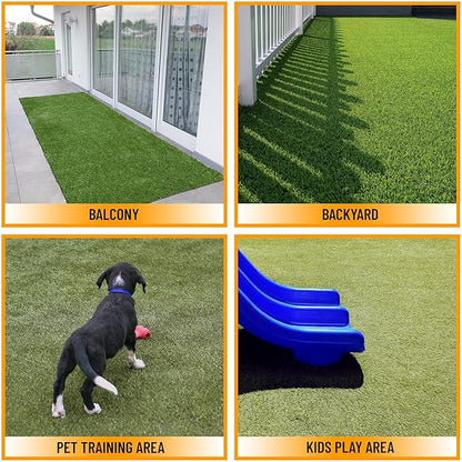 Ottomanson 6'6" x 54' Artificial Faux Grass Rug - Realistic Turf with UV Protection - Perforated for Easy Drainage - Durable, Hose-Off Synthetic Lawn Carpet for Indoor & Outdoor Use, Green