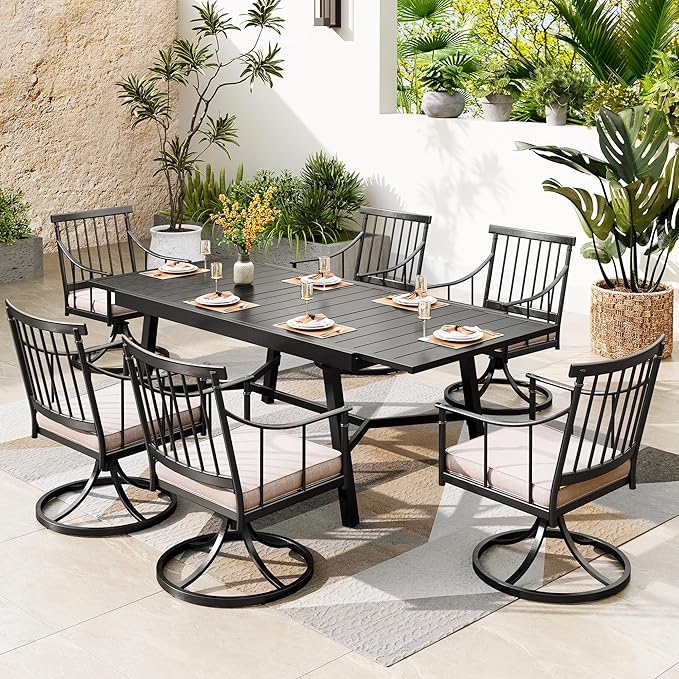 PHI VILLA 7 Pieces Outdoor Dining Set for 6, 84" Long Expandable Metal Table & Swivel Wrought Iron Chairs with Cushions, Large Furniture Set for Patio, Deck, Yard, Porch - Black