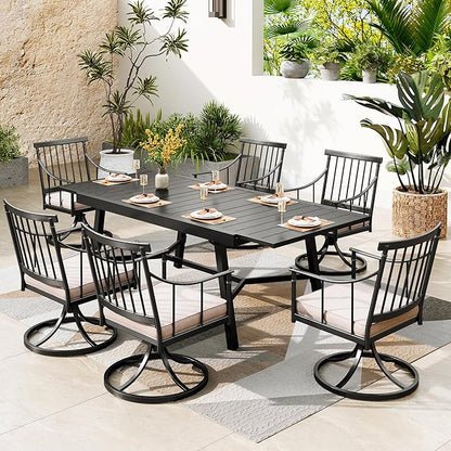 PHI VILLA 7 Pieces Outdoor Dining Set for 6, 84" Long Expandable Metal Table & Swivel Wrought Iron Chairs with Cushions, Large Furniture Set for Patio, Deck, Yard, Porch - Black