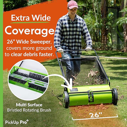 Pickup Pro Garden Sweeper - Manual Leaf & Grass Push Lawn Sweeper (Pickup Pro Max)