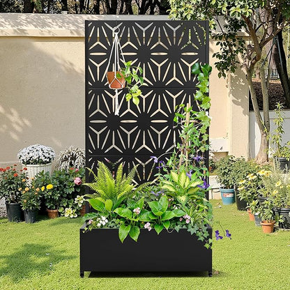 Metal Raised Garden Bed with Trellis, 2-in-1 Planter Box & Privacy Screen for Climbing Plants, Outdoor Standing Flower Bed with Drainage Holes, 35.4" L x 15.7" W x 70.1" H, Black-Star