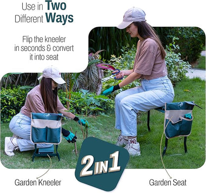 Garden Seat and Kneeler - Upgraded Widened EVA Cushion Seat (6.1” Wider), Thick & Wide Garden Stool, Foldable with Pouch, Gloves & Tool Bag – Gardening Gifts for Parents & Seniors