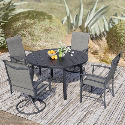 5 Piece Outdoor Dining Set, 42" Black Round Outdoor Dining Table with 2 Grey Swivel Outdoor Dining Chairs and 2 Fixed Patio Table and Chair Set of 4 for Lawn, Garden, or Porch