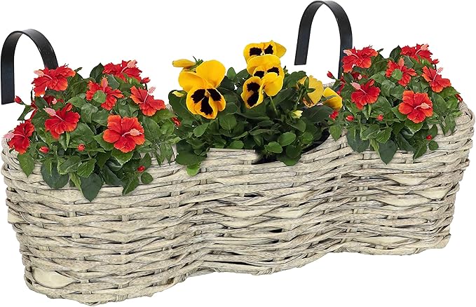 Sunnydaze Indoor/Outdoor Round Polyrattan Over-The-Rail Tri-Planter with 3 Black Liners - Frost