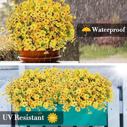 24 Bundles Artificial Flowers for Outdoors Decorations, Fake Flowers Artificial Plants Outdoor, Colorful Daisy Eucalyptus Realistic UV Resistant for Garden Patio Porch Home Decor, Yellow