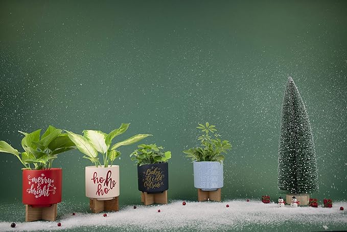 Ceramic Holiday Planter Pot, Ho Ho Ho Design, Creme & Red, Holds 4" House Plant or Succulent, Festive Winter Christmas Home Décor with Wood Stand