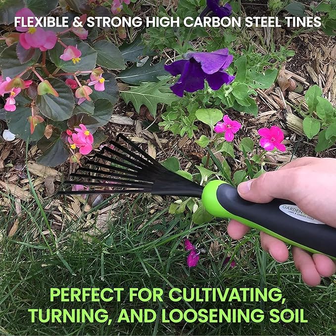 Garden Guru Hand Rake Soil Tiller Tool with Ergonomic Handle – Strong Carbon Steel - Rust Resistant – Great for Gardening, Cultivating, Loosening Soil & Spreading Mulch, Raking Flower Beds (2 Pack)
