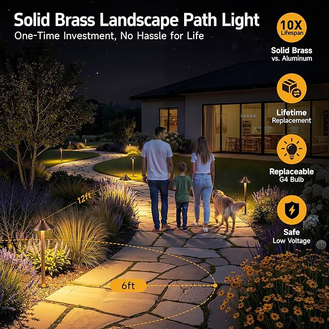 Gardenreet Low Voltage Landscape Sidewalk Lighting, Solid Brass Pathlights, LED Driveway Warm Light Waterproof, Hat Shaped 12V Wired Copper for Walkway Garden with 3W 270LM 3000K G4 Bulb (12 Pack)