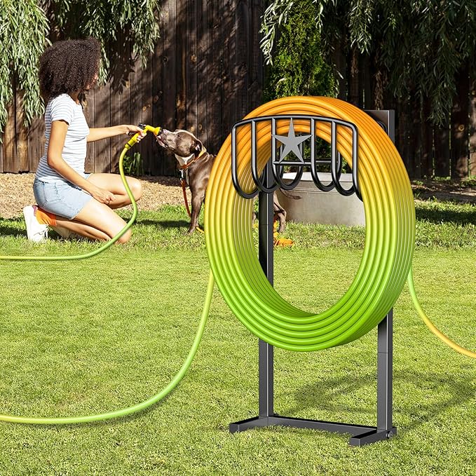 Garden Hose Holder – Heavy-Duty Freestanding Metal Stand, Holds 150FT Hose, with Stable 4-Spike Base, Easy to Install for Outdoor Yard, Lawn, Garden (Black)