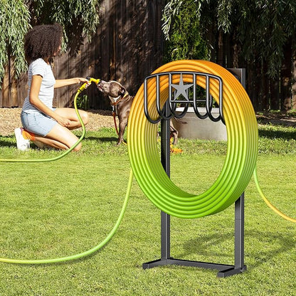 Garden Hose Holder – Heavy-Duty Freestanding Metal Stand, Holds 150FT Hose, with Stable 4-Spike Base, Easy to Install for Outdoor Yard, Lawn, Garden (Black)