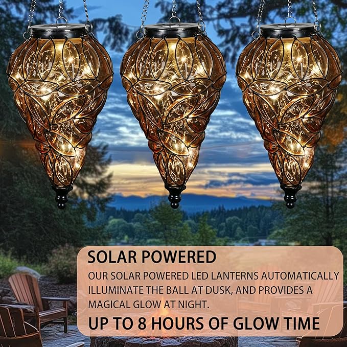 Solar Hanging Lantern Outdoor Garden Lights, Tear-Shaped Glass and Metal Hanging Lantern, 15 Firefly LED Lights, 7 x 24 Inch (Amber)