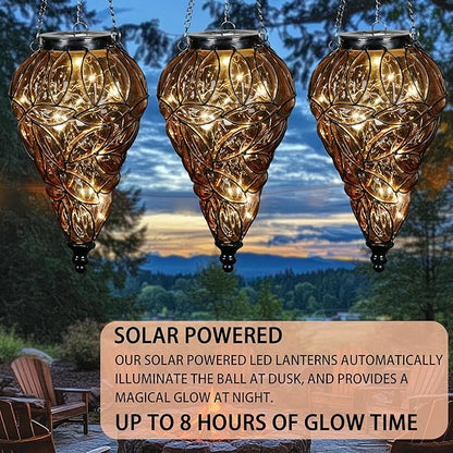 Solar Hanging Lantern Outdoor Garden Lights, Tear-Shaped Glass and Metal Hanging Lantern, 15 Firefly LED Lights, 7 x 24 Inch (Amber)