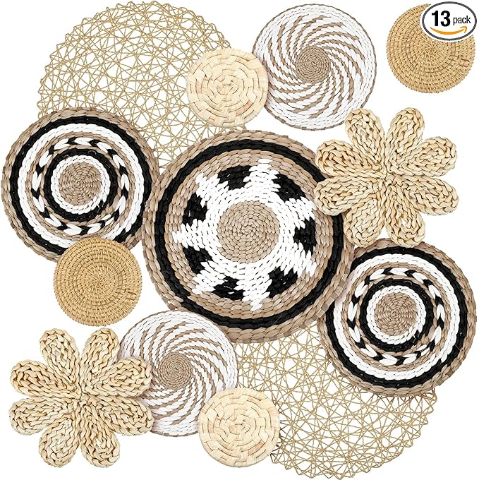 Glenmal Set of 13 Boho Wall Basket Decor Woven Rattan Flat Baskets Handmade Boho Wicker Bamboo Seagrass Wall Hanging Decor for Bedroom Living Room Dining Room Office Ready to Hang (Bohemian)
