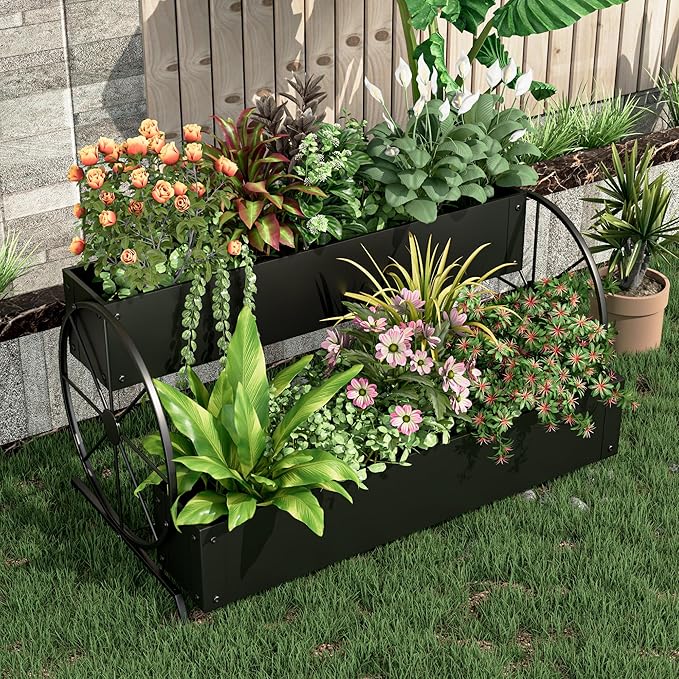 Metal Wagon Planter Box, 2-Tier Garden Planter with Wagon Wheels, Decorative Outdoor Planters for Flowers Herbs Vegetables, Flower Cart Small Raised Garden Bed for Patio, Balcony (Black)
