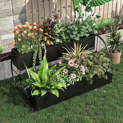 Metal Wagon Planter Box, 2-Tier Garden Planter with Wagon Wheels, Decorative Outdoor Planters for Flowers Herbs Vegetables, Flower Cart Small Raised Garden Bed for Patio, Balcony (Black)