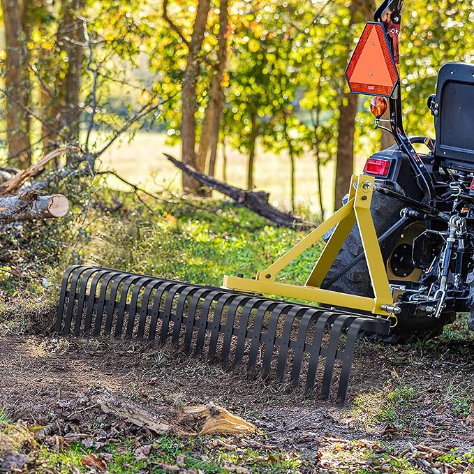 60" 3 Point Rock Rake for Tractors, Heavy-Duty Landscape Rake with 360° Rotation, Category 1 Hitch Attachment, Tow-Behind Pine Straw Harrow for Garden, Lawn Care, Farm, Black & Yellow