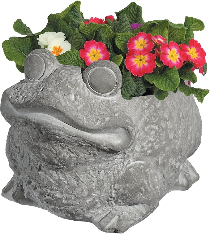 Classic Home and Garden Cement Buddies Animal Planter - Cute Desk Decoration - UV Coated Animal Vase w/Removable Drain Plug - Succulent Planter for Indoor/Outdoor Use (Frog Planter, Natural, Large)