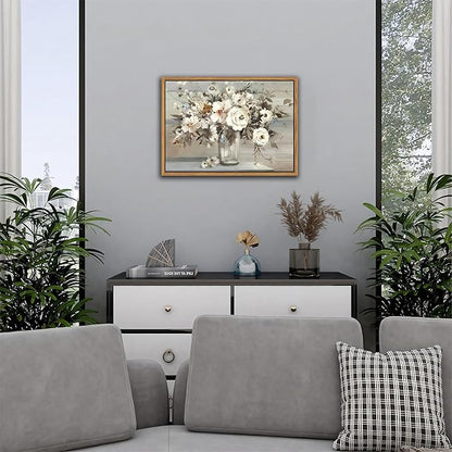 SAMHOU Floating Framed Canvas Wall Art, Vintage White Floral Poster Prints, Nature Plant Picture Wall Decor, Modern Farmhouse Painting Decor for Living Room Kitchen Bathroom Bedroom 16x24 inch