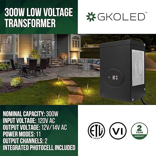 GKOLED ETL Listed 300W Low Voltage Transformer for Landscape Lighting with Timer and Photocell Sensor, 120V AC to 12V/14V AC Power Pack, Fully Encapsulated Toroid Core, CEC VI Certified