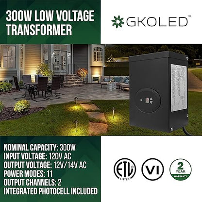 GKOLED ETL Listed 300W Low Voltage Transformer for Landscape Lighting with Timer and Photocell Sensor, 120V AC to 12V/14V AC Power Pack, Fully Encapsulated Toroid Core, CEC VI Certified