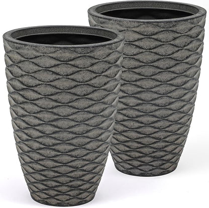 20" Tall Planters Set of 2, High-Density Resin Wavy Outdoor Pots for Plants, Versatile Indoor/Outdoor Flower Pots w/Drainage Holes for Patio, Garden, Porch & Living Room Decor, Ideal Gift