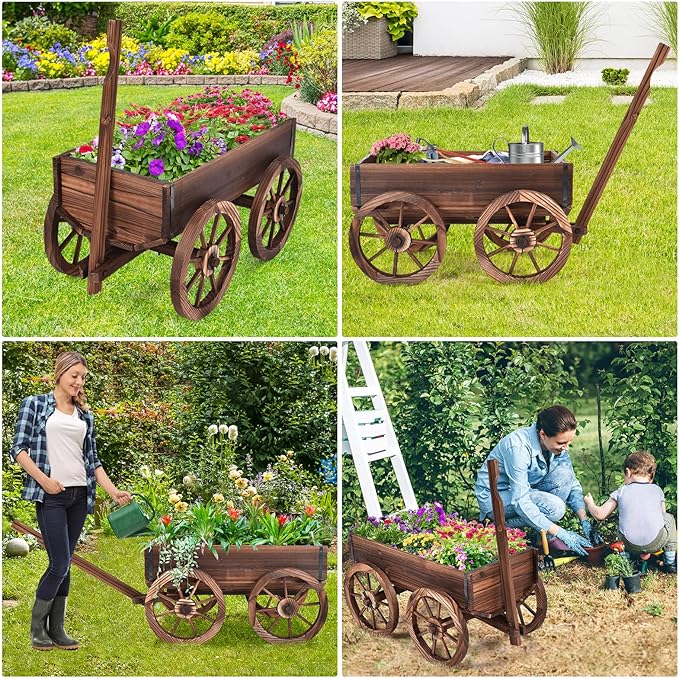 S AFSTAR Wooden Wagon, Wood Flower Planter Pot Stand with 4 Wheels & Drainage Holes, Amish Wagon Planter, Rolling Pot Stand Wood Wagon for Outdoor Plants Garden Decorative Garden Planter, Brown