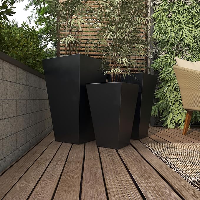 Deco 79 Metal Geometric Indoor Outdoor Planter Light Weight Minimalistic Large Planter Pot with Tapered Base, Set of 3 Planters 17", 21", 25"H, Dark Gray
