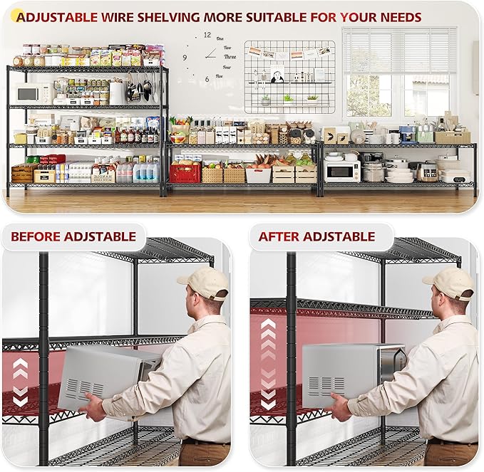 REIBII 55.5''W Storage Shelves 2500LBS Wire Shelving Unit with Wheels Heavy Duty Metal Shelves for Storage Adjustable Garage Storage Rack Pantry Shelf Kitchen Shelving, 75.6" H X 55.5''W X 24" D, 3PCS