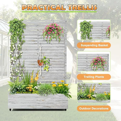 Metal Raised Garden Bed with Trellis, 2-in-1 Planter Box & Privacy Screen for Climbing Plants, Outdoor Standing Flower Bed with Drainage Holes, 47.2" L x 16.7" W x 70.8" H, White Oak Grain