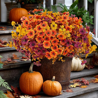 Artificial Fall Flowers for Outdoor Fake Mums - 16 Bundles Fake Plants UV Resistant No Fade Faux Plastic Greenery Garden Porch Patio Home Decor(16, BrownOrangeYellow)