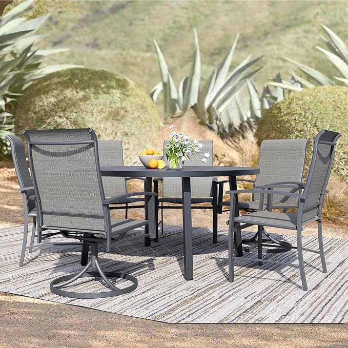 7 Piece Outdoor Dining Set, 47" Black Round Outdoor Dining Table with 2 Grey Swivel Outdoor Dining Chairs and 4 Fixed Patio Table and Chair Set of 6 for Lawn, Garden, or Porch