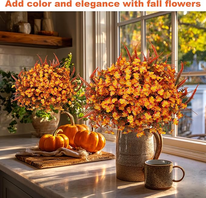 Artificial Fall Flowers for Outdoors Fake Mums - 16 Bundles Faux Fall Decor Plants No Fade Shrubs (16, OrangeGreen)
