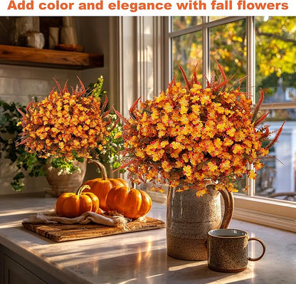 Artificial Fall Flowers for Outdoors Fake Mums - 16 Bundles Faux Fall Decor Plants No Fade Shrubs (16, OrangeGreen)