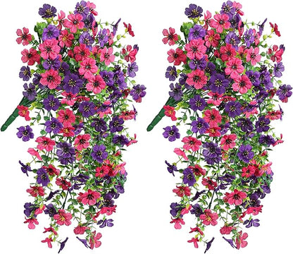 HyeFlora Artificial Flowers for Outdoors Decoration, 2Pcs Fake Hanging Spring Summer Decor, Purple and Hotpink Realistic Plants, UV & Fading Resistant Silk Flower for Porch Patio Balcony Planter Yard