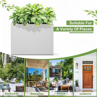 FENCY Metal Rectangular Planter Box - Large Tall Planters with Drainage Holes (35.4" L x 9" W x 25.6" H, White)