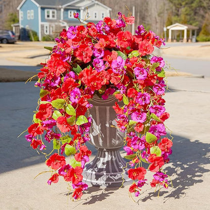 Fake Hibiscus Artificial Hanging Flowers Plants for Outdoors Spring Decoration, 2pcs Silk Hibiscus Vines Realistic UV Resistant Red Faux Flowers for Outside Planter Porch Patio Yard Home Wedding Party