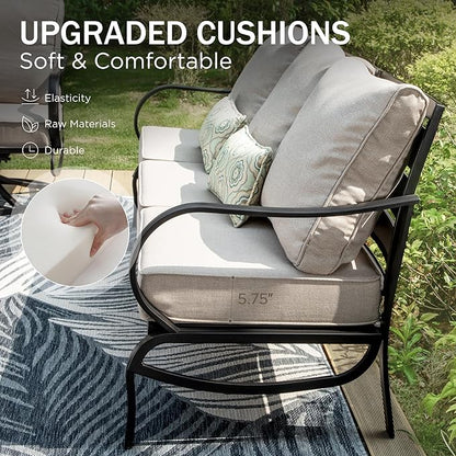 PHI VILLA 7 PCS Patio Furniture Set,Metal Outdoor Furniture with 1x 3 Seater Cushioned Deep Seating Bench Sofa, 2 Swivel Chair, 2 x Leg Chairs & 2 Ottoman,Outdoor Seating for 7 Person