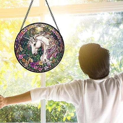 Stained Glass Window Hanging, Unicorn Flowers Suncatcher for Doors Home Sun Catchers Decoration and Christmas, Mother's Day Birthday Gifts for Women, Men, and Mom 11.8x11.8 in