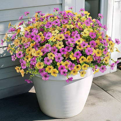 Artificial Fake Mums Flowers for Outdoor Fall Decor, 12 Bundles Faux Silk Plants Daisy for Planter Pot Colorful UV Resistant Look Real for Front Door Porch Patio Outside Yard(Purple Yellow)