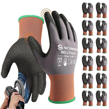 Schwer 12 Pairs Safety Work Gloves Sandy Nitrile Coated LT5626, Max Abrasion Resistant Heavy Duty Working Gloves with Grip for Men Women, Touch-Screen, for General Use, Mechanic, Construction, M