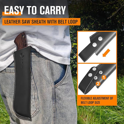 Folding Pruning Saw 10 Inch with Leather Sheath and Wenge Wooden Handle, SK5 Steel Blade, Foldable Hand Saw for Camping, Survival, Wood Cutting, Bushcraft and Tree Trimming