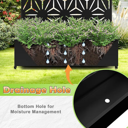 Metal Raised Garden Bed with Trellis, 2 in 1 Trellis with Planter Box & Privacy Screen for Climbing Plants, Vine, Outdoor Standing Flower Beds with Drainage Holes,47.2"L x 16.7"W x 70.8"H,(Black-Star)