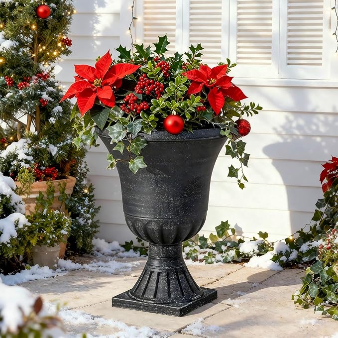 22" Tall Planters Set of 2, Washed Black Urn Outdoor Pots for Plants, Versatile Indoor/Outdoor Flower Pots w/Drainage Holes for Patio, Garden, Porch & Living Room Decor, Ideal Gift