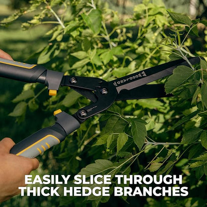 Woodland Tools Super Duty Hedge Shears, 23 Inch Manual Hedge Clippers with 10 Inch Gear-Assist Blades, Power Notch, and Non Stick Coating, Heavy Duty Trimmer for Thick Shrubs and Hedges