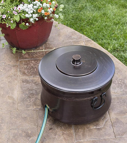 BIRDROCK HOME Water Hose Holder - Decorative Metal Pot, Indoor or Outdoor, Garden Storage Organizer, Patio Portable Bucket - Distressed Bronze, Holds up to 200ft Hoses, Large with Lid