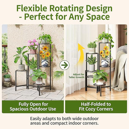 6 Tier Large Plant Stand Indoor with 7.9-Inch Wide Drainage Tray, Tiered Corner Metal Outdoor Flower Display Holder Shelf, Folding Tall Rack for House Patio Porch Balcony Graden - BlackS