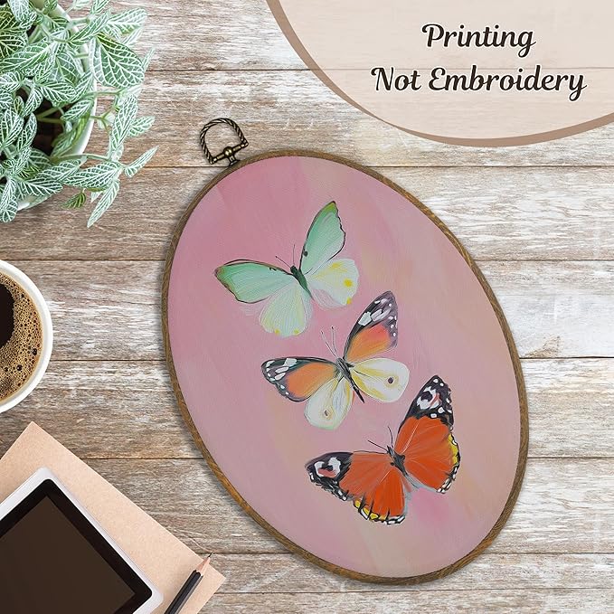 LKETW Butterfly Oval Wall Art Decor, Colorful Butterfly Oval Canvas Hanging Decor, Nature Insert Pink Wall Decorations for Girly Room Bedroom Home Living Room Office, 8.6x11.4 Inch