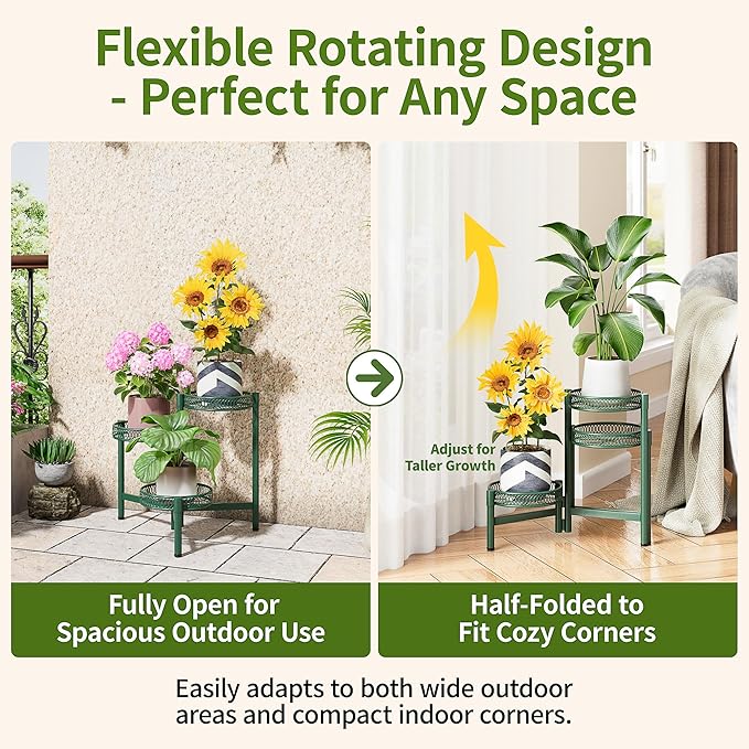 Plant Stand Indoor Outdoor, 3 Tier Corner Metal Flower Display Holder Shelf, Folding Tall Plant Rack for House Patio Balcony Porch Garden Living Room, Heavy Duty Anti-Rust Wrought Iron - GreenFlower
