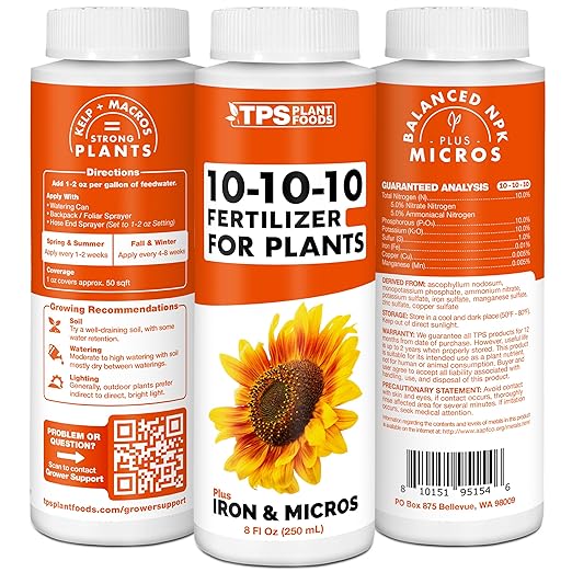 TPS NUTRIENTS Liquid 10-10-10 Fertilizer for Plants, Triple Ten NPK Plus Iron and Micros, Liquid Plant Food, 32 oz (1 Quart)